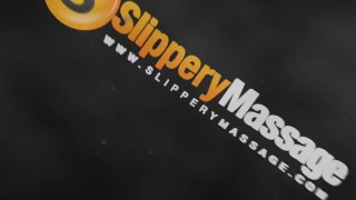 Slippery massage babe sucking big cock and squizing tits