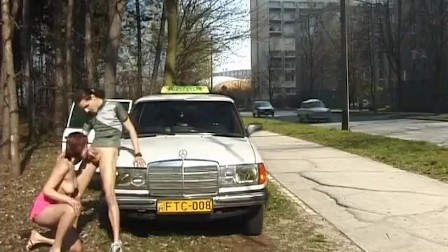 Nasty lady in full action outdoor at my taxi car