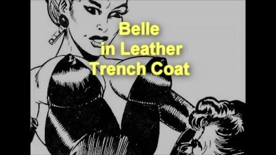 Horny babe talks dirty and masturbates on leather trench coat