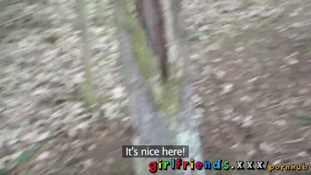 Girlfriends lesbians kiss and eat hairy pussy in the woods