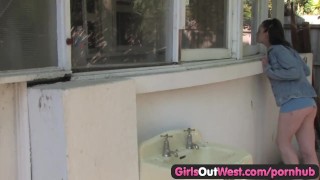 Girls Out West - Amateur pussy toyed outside the house