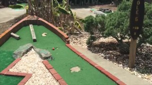 Public Exposed Hot blonde playing PUTT PUTT