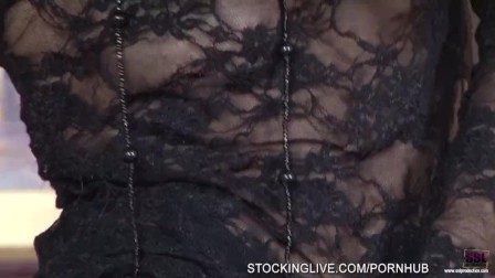 Brunette sex goddess enjoying multiple orgasms in her striped stockings