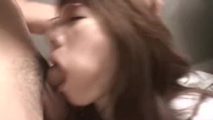asian woman in suit takes huge facial after deep sloppy blowjob