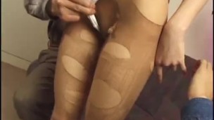 asian woman in pantyhose gets her pussy teased with sex toys by two guys