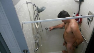 Morning piss in the shower half hard dick