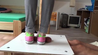 sneakers cockcrushing. Jump stomp trample full weight on cock ball