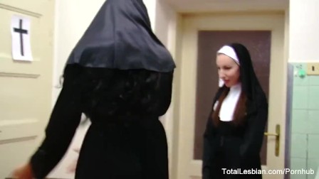 Naughty nuns in stockings play with food and each other