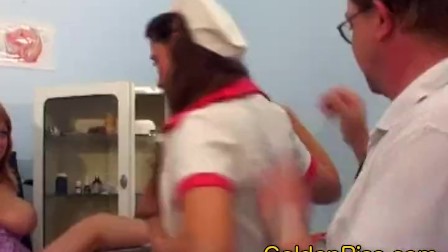 Doctor pissing on patient and nurse in hospital