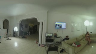 teen latina lesbians oil wrestling with their big booty step-sisters in VR