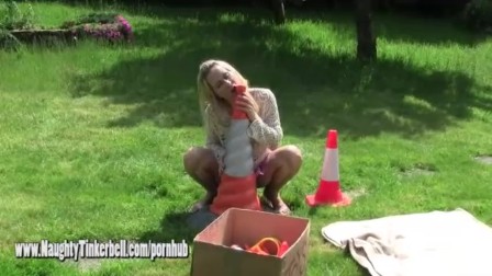 Horny blonde Milf anal fucks huge traffic cone and toys pussy with vior