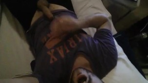 Handsome Guy Jerking Off his Cock at Home, Tongue Out and Cum into Shirt