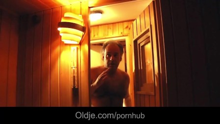 European hottie fucking old guy in the sauna cumshot swallow