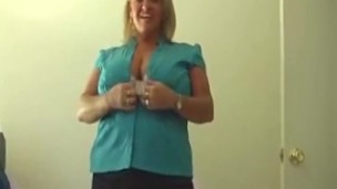 Blonde lady with big tits jerks off a cock
