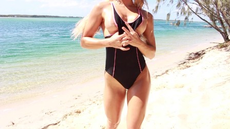 SecretCrush - Big Booty Oiled Swimsuit teen Risky Public Stripping On Beach