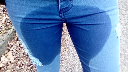 Pee in jeans outdoor