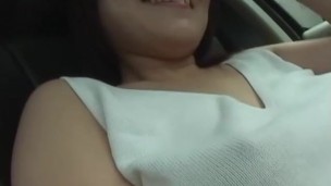 Subtitled pale and curvy Japanese wife masturbation in car