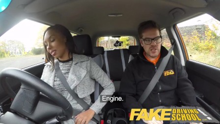 Fake Driving School nervous ebony filled up by her teacher in the car