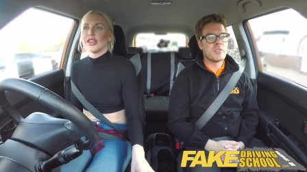 Fake Driving School lesson ends in suprise squirting orgasm and creampie