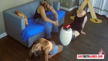 2 Girls and One Guy Play a Strip Game of Whose Fingers Are Faster