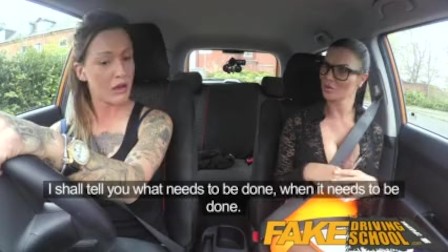 Fake Driving School Sexy strap on fun for new big tits driver