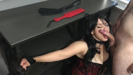 Curvy Raven Hair Girl Tied Up and Sucking Her Man's Cock