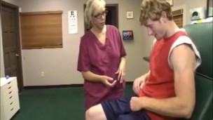 Blonde nurse strokes a big cock asking for a big cum