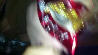 Masked blowjob with cum on tongue