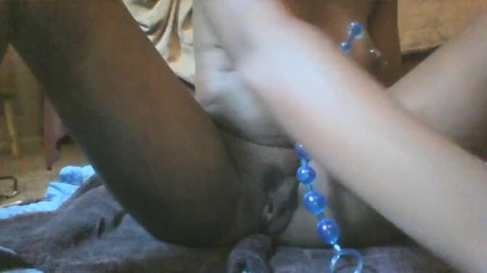 First time DP with anal beads and a dildo
