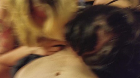 My girlfriend and her best friend feed eachother my cock