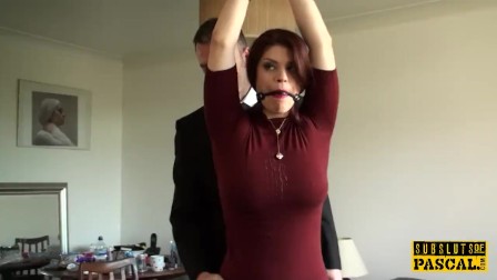 Busty redhead sub clamped and facefucked