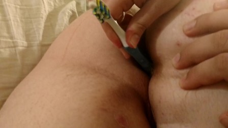 BBW wife uses vibrating toothbrush in ass and then masturbates with it