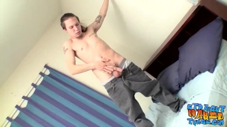 Inked twink Max Ward loves stroking his fat boner solo