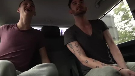 Skinny twink bitch Adam Watson has anal threesome in the car