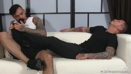 Hot tattoeod guys get to masturbate and smell dirty socks