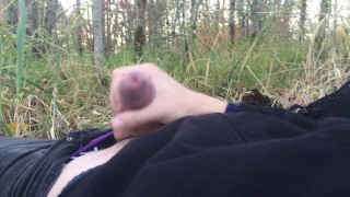 Young twink jerking off, cums in public park