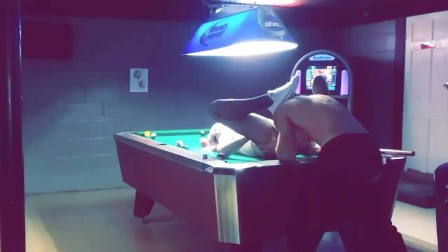 Sexy bartender fucked on pool table after closing time Halloween night
