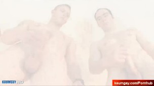 Hetero friends cock hard together in a shower !