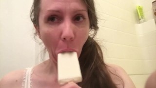 Hairy MILF Lily Lark gets messy with a creamy white coconut popsicle
