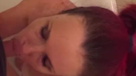 POV peeing on redhead giving head and hj