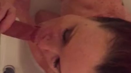 POV peeing on redhead giving head and hj