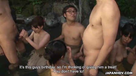 Adorable Japanese girls please dicks in the hot springs orgy