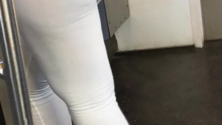 White see through spandex tights with blue panties on train in public