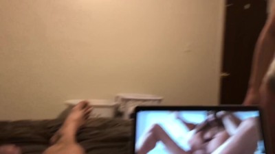 Wife catches me jerking so she jerks me off with cumshot