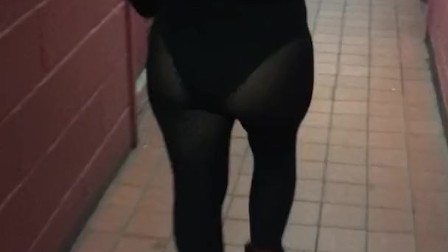 Date night in sheer leotard and stockings see through public