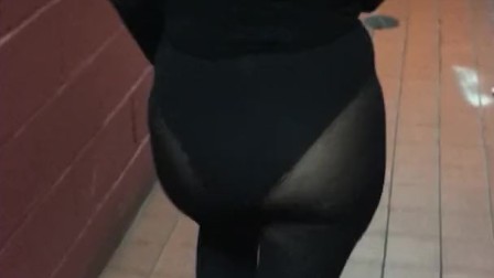 Date night in sheer leotard and stockings see through public