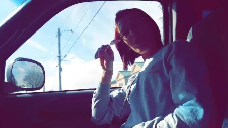 Sexy redhead smoking after suckin me off in public parking lot, cum swallow