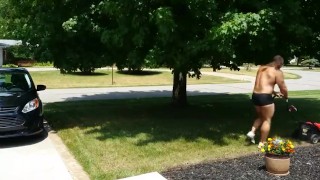 Mowing the lawn in short shorts