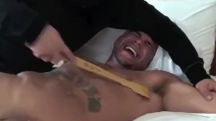 Muscular hunk Jose is tied to the bed and tickled hard