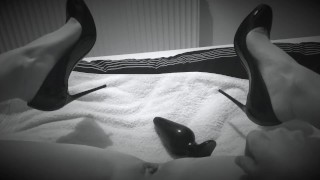 Fisting prep in Louboutins, large pussy plug stretching